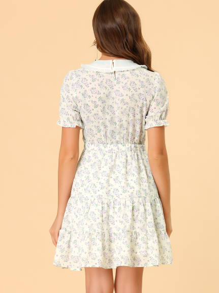 Allegra K- Flare Floral Tiered Hem Peter Pan Collar Dress