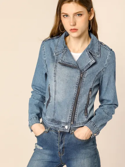 Allegra K- Veste en jean moto asymétrique à revers cranté et fermeture éclair