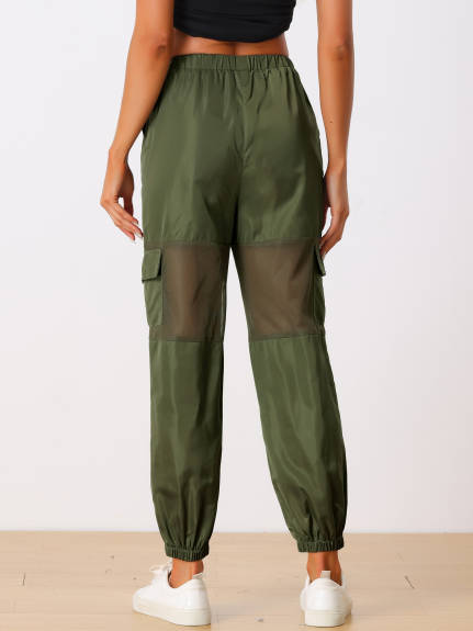 Allegra K- Mesh Panel Pant High Waist Sheer Elastic Baggy Cargo Pants