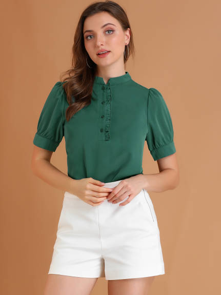 Allegra K - Puff Sleeve Chiffon Half Placket Top