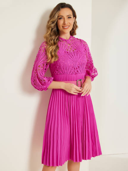 Allegra K- 3/4 Sleeves Belted Pleated Lace Dress