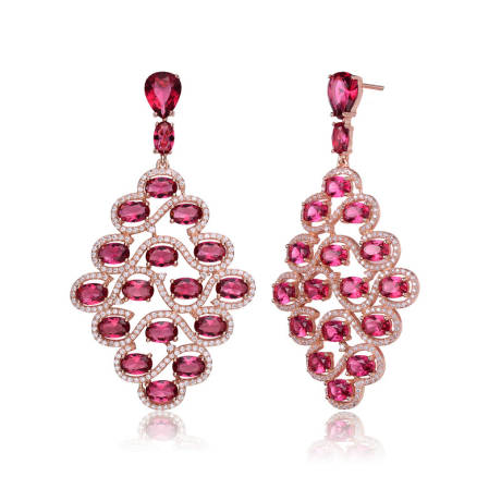 Genevive Sterling Silver 18k Rose Gold Plated with Ruby Red Cubic Zirconia Drop Earrings