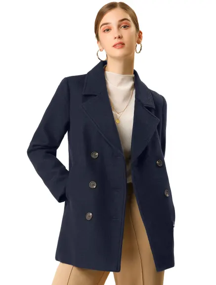 Allegra K- Notched Lapel Double-Breasted Overcoat