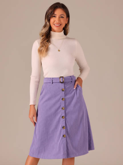 Allegra K - Button Front A-Line Belted Corduroy Skirt