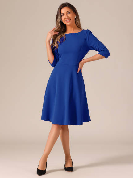 Allegra K - Boat Neck Short Sleeves Midi Office Dress