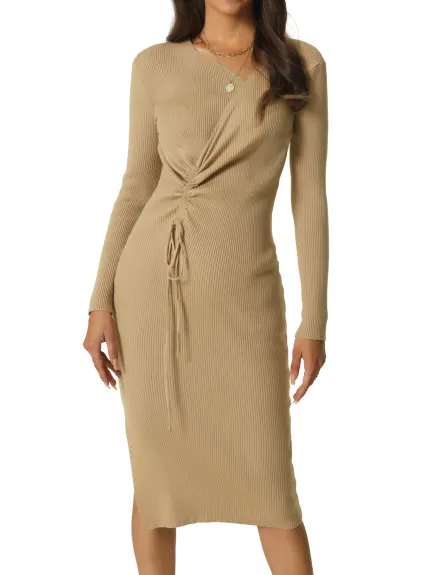 Allegra K- V Neck Ruched Drawstring Waist Side Slit Knit Bodycon Midi Sweater Dress