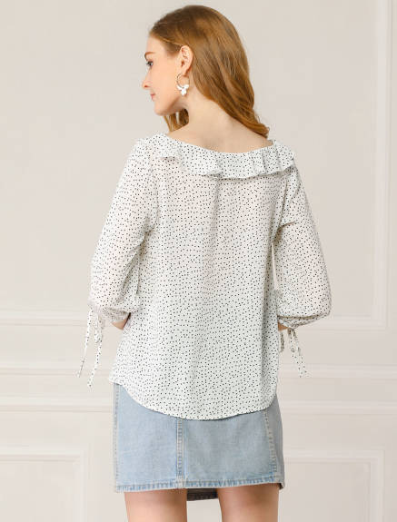 Allegra K- Ruffled Neck Half Sleeve Sheer Polka Dots Blouse