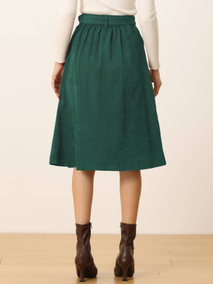 Allegra K - Button Front A-Line Belted Corduroy Skirt