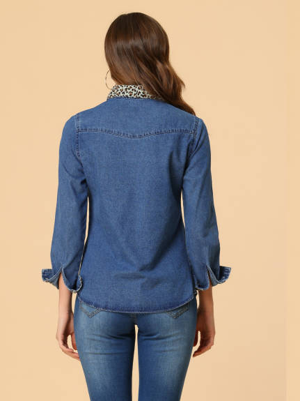 Allegra K- Button Up Long Sleeve Leopard Denim Shirt