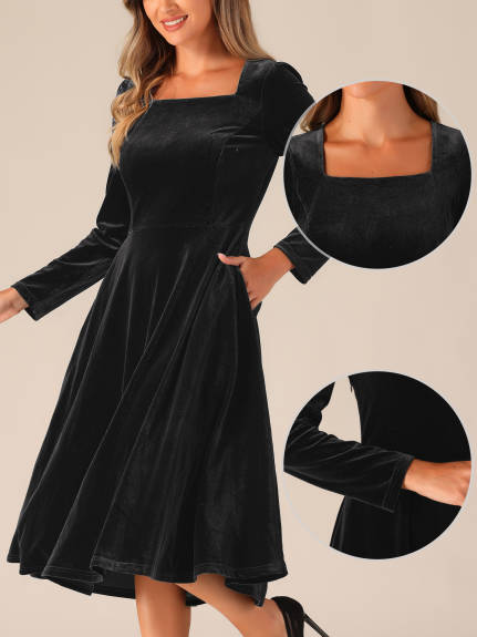 Allegra K - Square Neck Velvet Puff Sleeve Dress