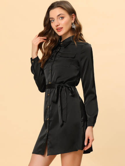 Allegra K- Button Down Satin Shirt Dress