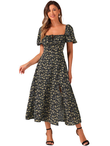 Allegra K - Floral Tie Neck Split Puff Sleeve Maxi Dress