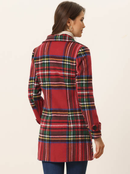 Allegra K- Notched Lapel Double Breasted Plaid Overcoat