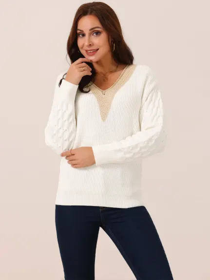 Allegra K - Lace V Neck Drop Shoulder Sweater