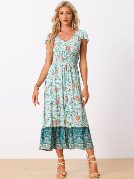 Allegra K- Boho Floral Smocked Waist V Neck Dress