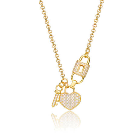 Genevive Sterling Silver 14k Gold Plated with Clear Cubic Zirconia Heart & Padlock Charm Necklace