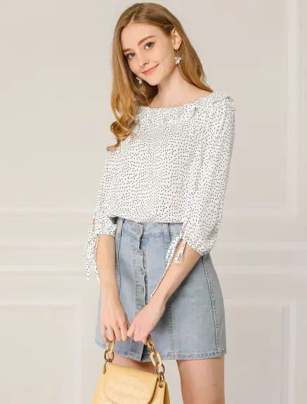 Allegra K- Ruffled Neck Half Sleeve Sheer Polka Dots Blouse