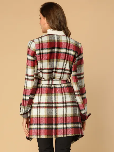 Allegra K- Shawl Collar Belted Asymmetrical Hem Plaid Coat