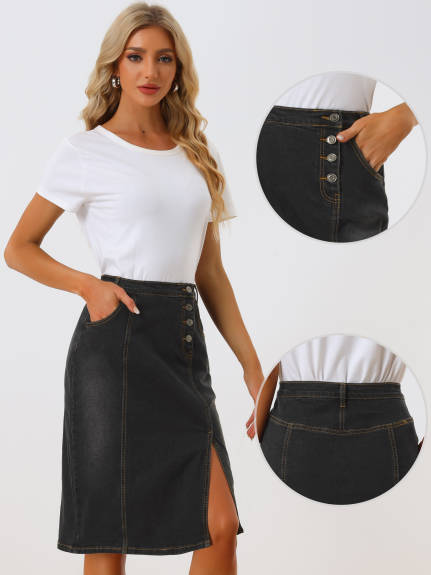 Allegra K - Button Side Slit Midi Denim Skirt