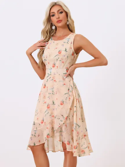 Allegra K- Ruffle Hem Smock Back Waist Floral Wrap Dress