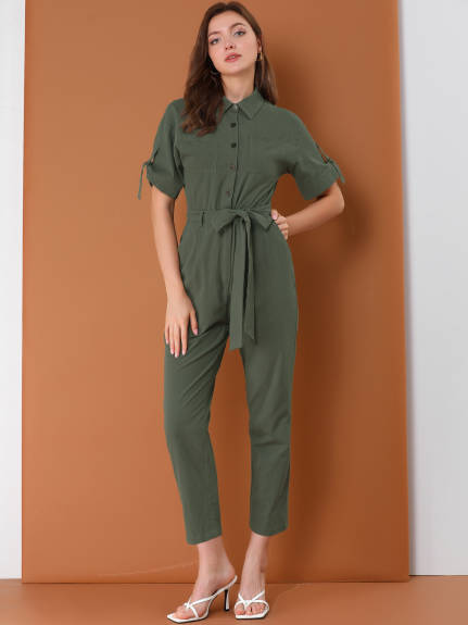 Allegra K- Turndown Collar Button up Tie Waist Cargo Jumpsuit