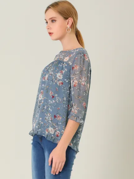 Allegra K- Floral Ruffled 3/4 Sleeve Chiffon Blouses