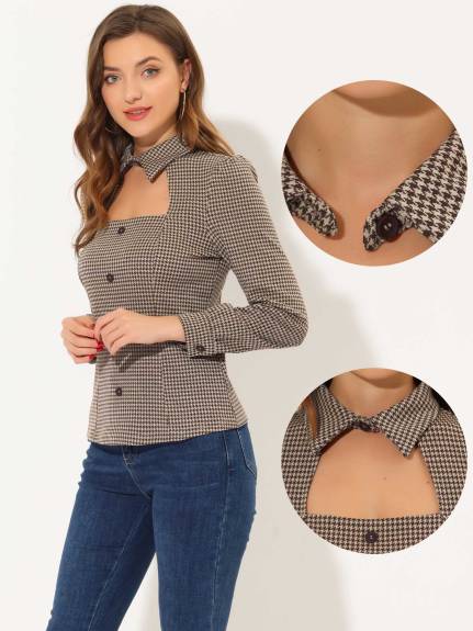 Allegra K- Houndstooth Print Choker Neck Puff Sleeve Blouse