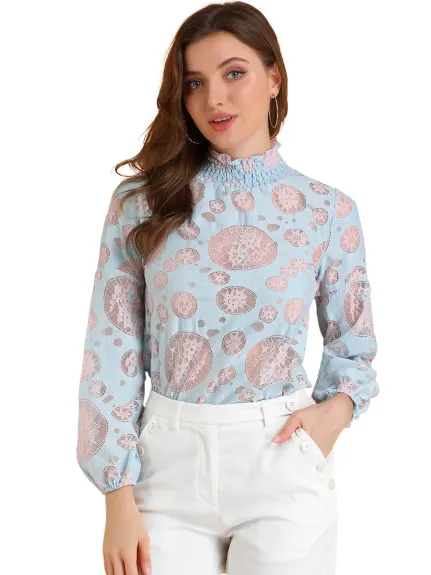 Allegra K- Blouse transparente en dentelle florale à col montant et volants