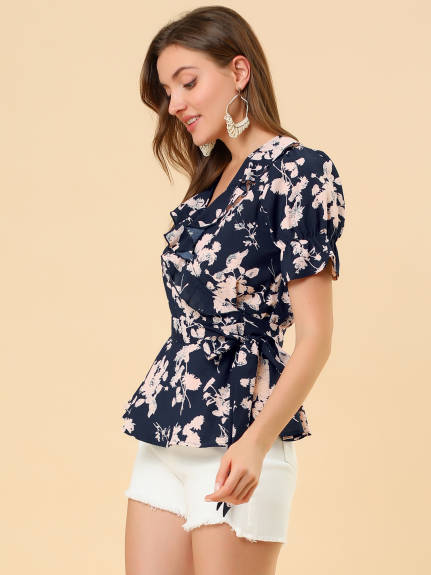 Allegra K- Floral Short Sleeve Ruffled Peplum Blouse