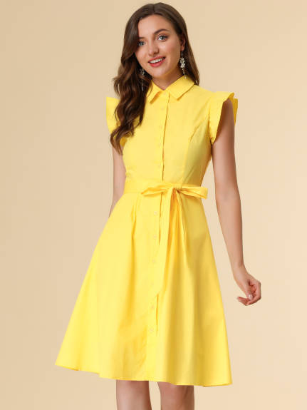 Allegra K- Cotton Shirtdress Ruffled Sleeve Tie Waist Button Dress