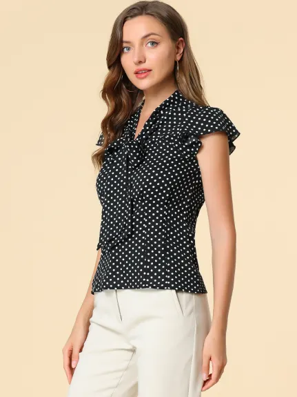 Allegra K- Polka Dots Ruffled Sleeve Tie Neck Blouse Shirt