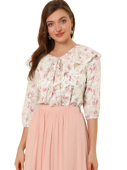 Allegra K - Ruffled Tie-Neck Textured Floral Blouse