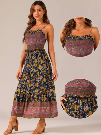 Allegra K- Boho Floral Spaghetti Strap Smocked Dress