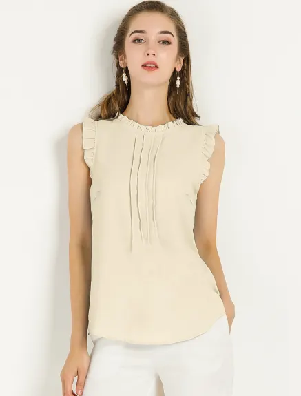 Allegra K- Ruffled Mandarin Collar Sleeveless Pleated Blouse