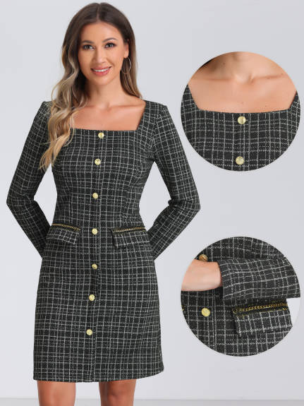 INSPIRE CHIC - Tweed Plaid Long Sleeve Sheath Dress