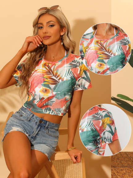 Allegra K - Leaves Print Hawaiian Crop Top