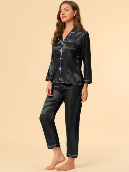 Allegra K - Satin Button Down Lounge Pajama Sets