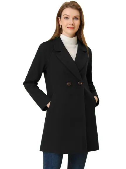 Allegra K- Double Breasted Lapel Raglan Sleeve Mid Length Overcoat