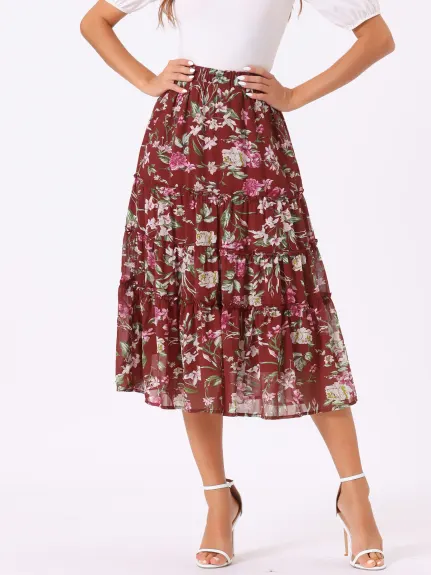 Allegra K- Floral Tiered A-Line Long Chiffon Skirts