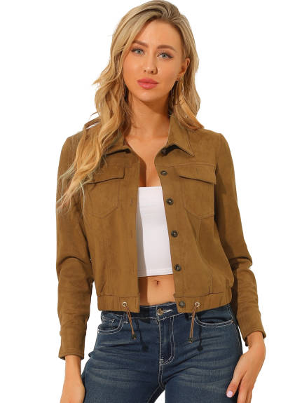 Allegra K- Faux Suede Point Collar Button Up Biker Moto Jacket