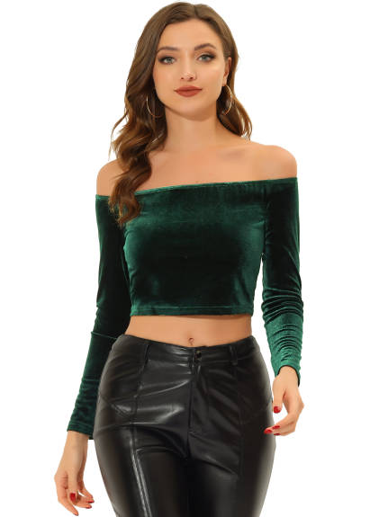 Allegra K- Velvet Off Shoulder Long Sleeve Crop Blouse