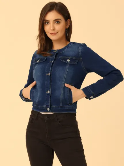 Allegra K- Button Down Collarless Long Sleeve Cropped Denim Jacket