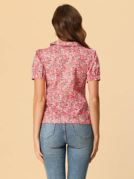 Allegra K- Puff Sleeve Turndown Collar Floral Blouse