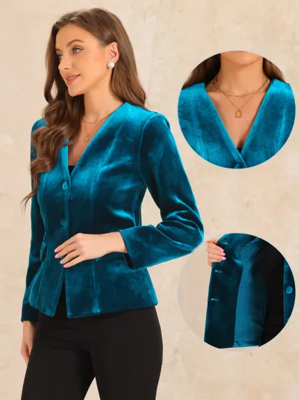 Allegra K - Velvet Shoulder Pads Blazer Jacket