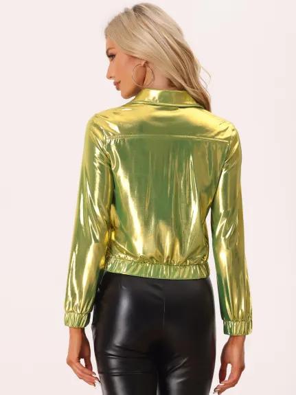 Allegra K- Holographic Lightweight Zipper Jacket