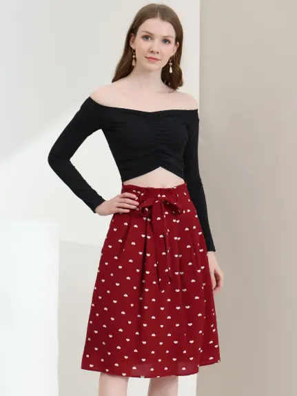 Allegra K- Belted Elastic Waist A-Line Midi Skirt