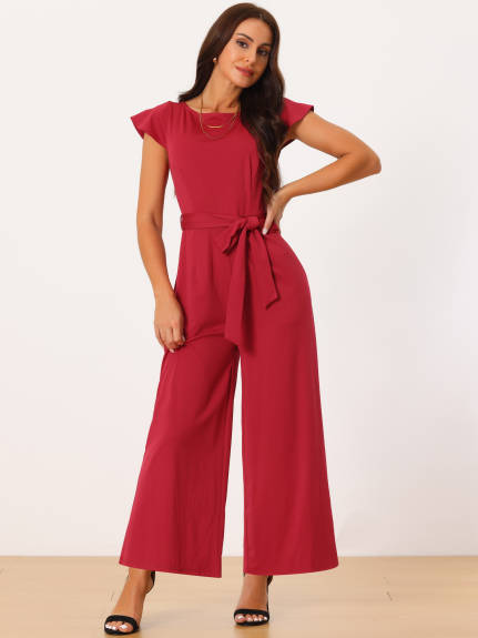 Allegra K - Cap Sleeve Belted High Waist Casual Jumpsuit