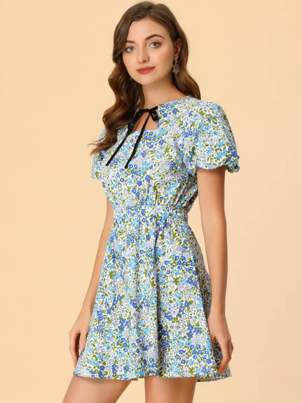 Allegra K- Keyhole Square Neck Floral Puff Sleeve Mini Dress