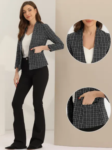 Allegra K- Vestes blazer à manches longues en tweed à carreaux