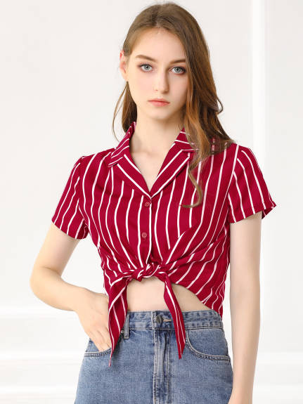 Allegra K- Striped Short Sleeve Tie Front Crop Shirt